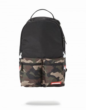 Black Sprayground Camo Side Shark Double Cargo Men's Backpacks | 326273297