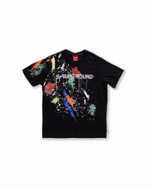 Black Sprayground Color Splat Regular Men's T Shirts | 171444196