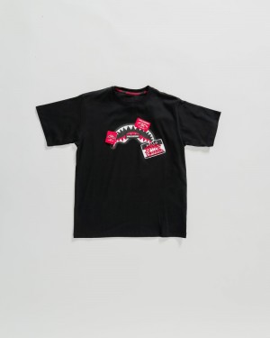 Black Sprayground Label Shark Crew Kids' T Shirts | 95293305
