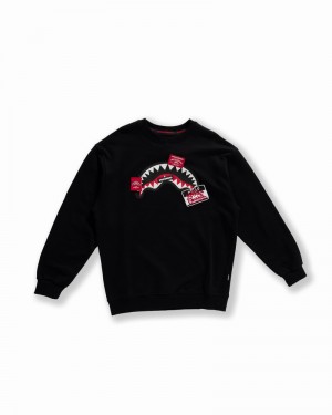 Black Sprayground Label Shark Crewneck Men's Sweatshirts | 256681122