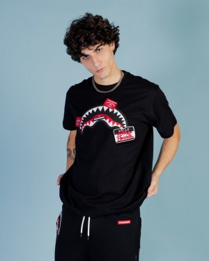 Black Sprayground Label Shark Regular Men's T Shirts | 260448379
