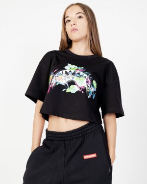 Black Sprayground Neon Floral Shark Tee Crop Women's T Shirts | 714785844