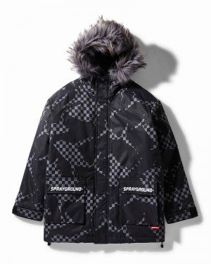 Black Sprayground Shark Camo Fur Hood Women's Jackets | 197632738