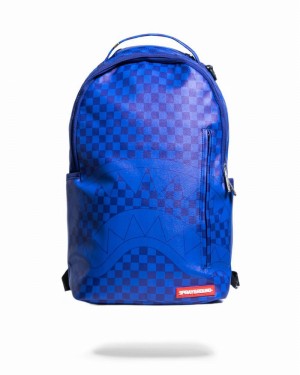 Blue Sprayground Checkered Shark Men's Backpacks | 871588093