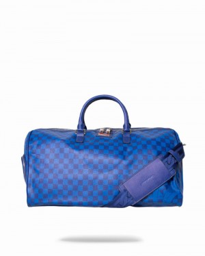 Blue Sprayground Checkered Shark Men's Duffle Bags | 568913511