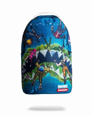 Blue Sprayground Fortnite Island Men's Backpacks | 897138205