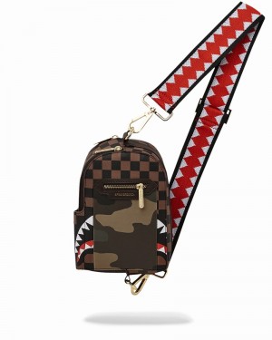 Brown Sprayground Exterior Gold Zip Pocket Sharks In Paris Sling Men's Backpacks | 574707375