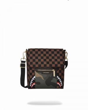 Brown Sprayground Exterior Gold Zip Pocket Sharks In Paris Sling Men's Messenger Bags | 707963419