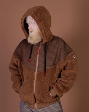 Brown Sprayground Graffiti Teddy Cotton Fleece Fullzip Money Checkered Men's Hoodie | 929431313