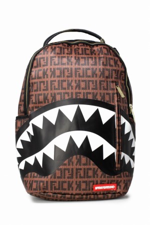 Brown Sprayground Offended Shark Men's Backpacks | 401601323