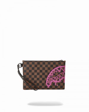 Brown Sprayground Pink Drip Check Men's Clutch Bags | 712338279