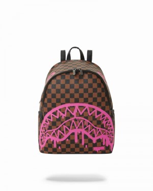 Brown Sprayground Pink Drip Check Savage Men's Backpacks | 248133294