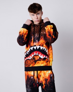 Brown Sprayground Shark On Fire Men's Hoodie | 788430863