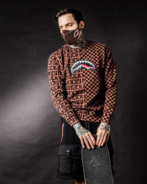 Brown Sprayground Split The Check Crew Men's Sweatshirts | 257240260