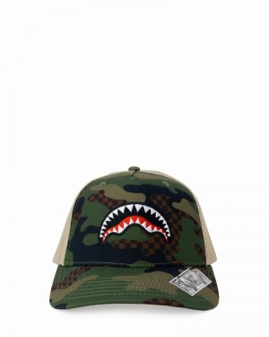 Green Sprayground Camo Checkered Men's Caps | 740409110