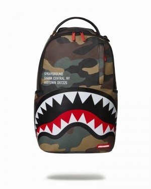 Green Sprayground Core Camo Sharkmouth Men's Backpacks | 796955014