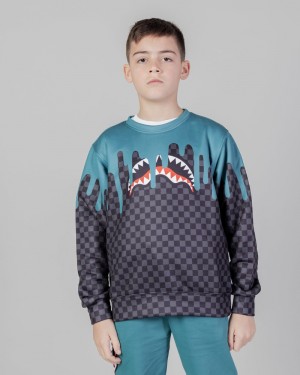 Grey Sprayground Color Dripping Check Crew Kids' Sweatshirts | 477589719