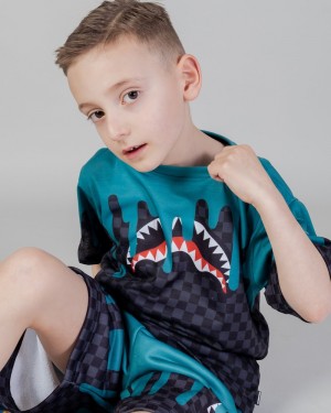 Grey Sprayground Color Dripping Check Kids' T Shirts | 881208955