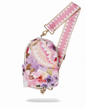 Pink Sprayground Painted Floral Sling Men's Backpacks | 90537201