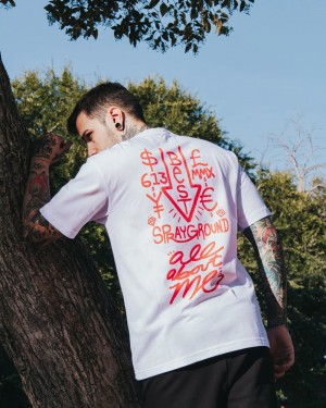 White Sprayground Back Graffiti Men's T Shirts | 733325426
