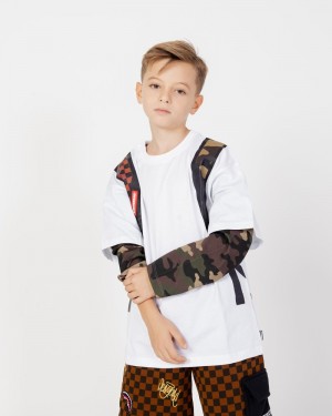 White Sprayground Camo Check Backpack Double Kids' T Shirts | 65807578