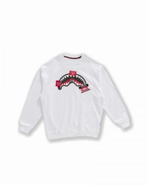White Sprayground Label Shark Crewneck Men's Sweatshirts | 167014429