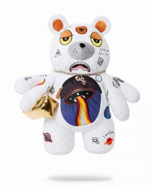 White Sprayground Ufo Spaced Out Moneybear Teddybear Men's Backpacks | 166399412