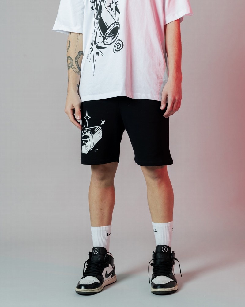Black Sprayground Bermuda B&w Comic Shark Basket Men\'s Shorts | 941325502