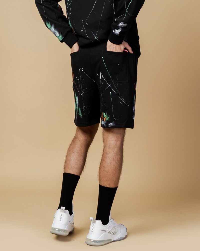 Black Sprayground Bermuda Paint Splat Knit Men's Shorts | 176621636