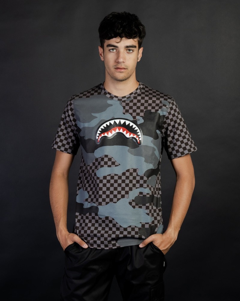 Black Sprayground Camu E Quadri Men\'s T Shirts | 254330866