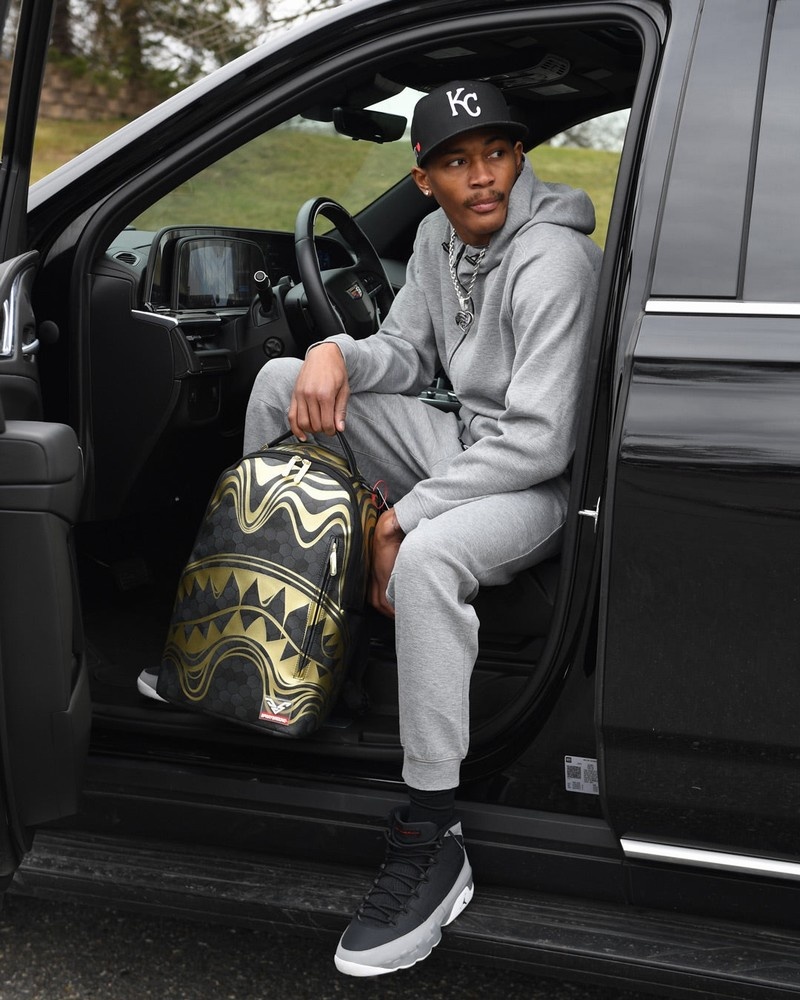 Black Sprayground Honeycomb Devonta Smith Collab Men's Backpacks | 789591337