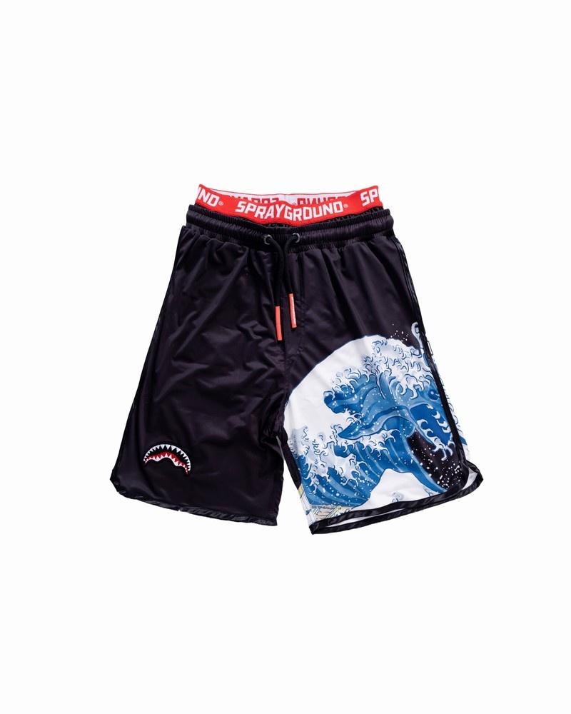 Black Sprayground Japan Wave Men\'s Swim Shorts | 5554059