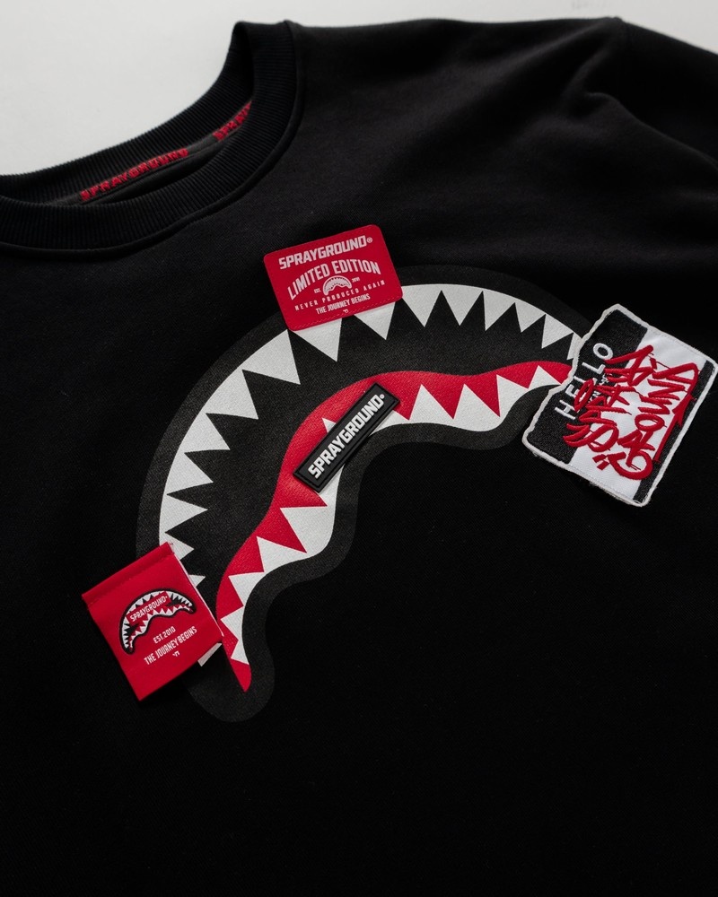 Black Sprayground Label Shark Crewneck Men's Sweatshirts | 256681122
