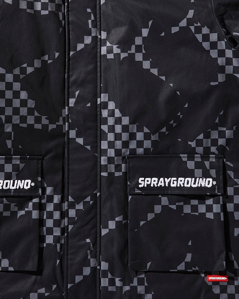 Black Sprayground Shark Camo Fur Hood Men's Jackets | 87379149