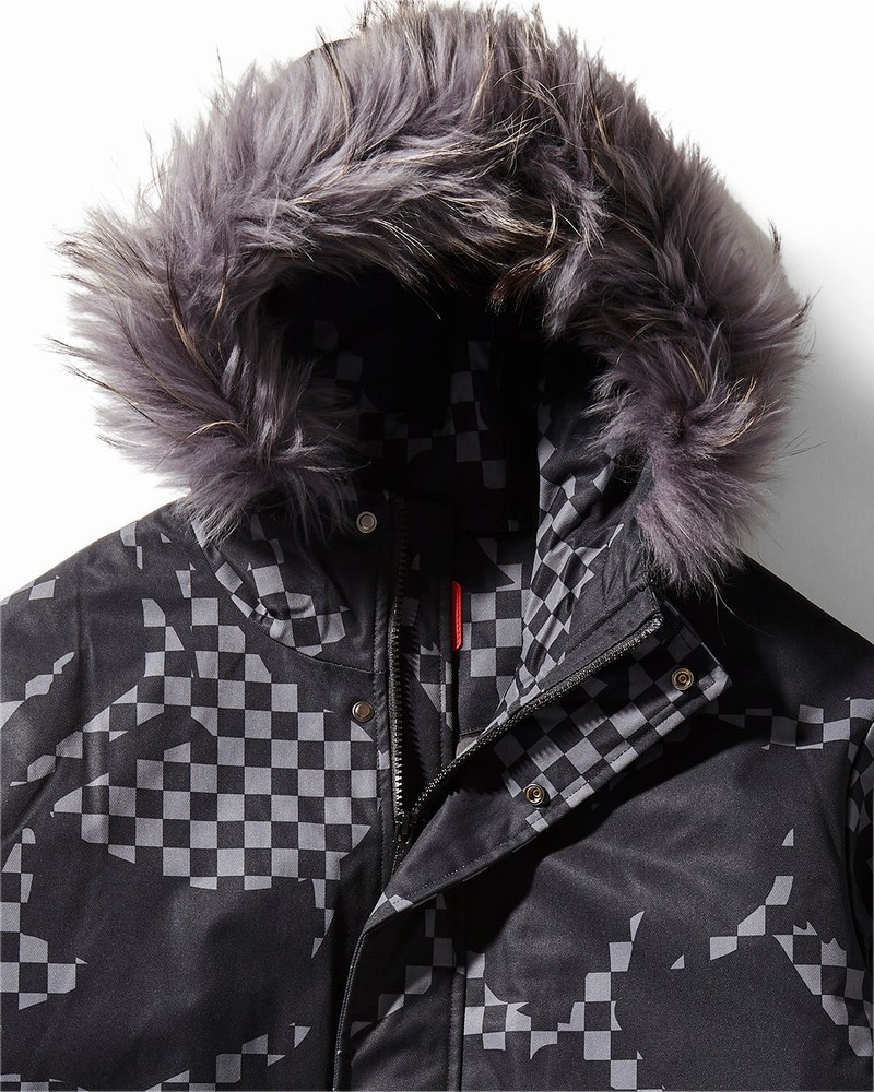Black Sprayground Shark Camo Fur Hood Men's Jackets | 87379149