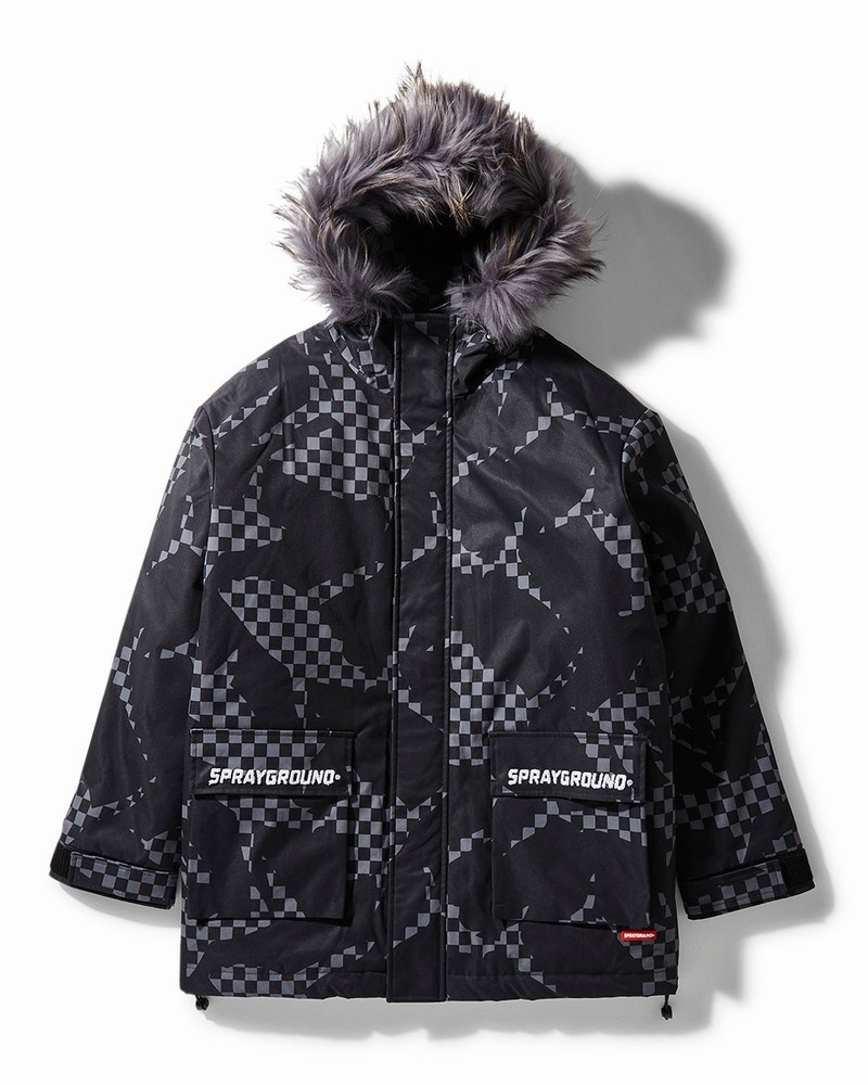 Black Sprayground Shark Camo Fur Hood Men\'s Jackets | 87379149