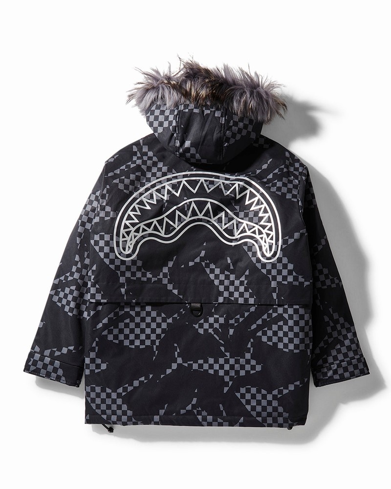 Black Sprayground Shark Camo Fur Hood Women's Jackets | 197632738