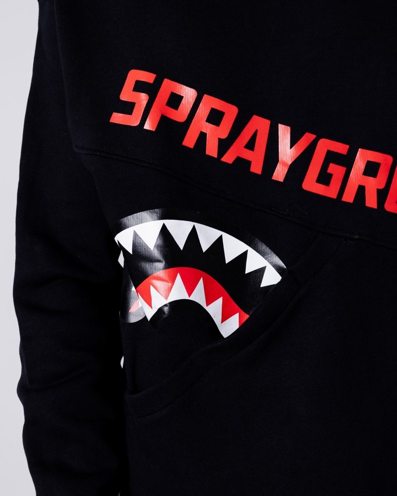 Black Sprayground Shark Diagonal Pocket Crewneck Men's Sweatshirts | 573351975