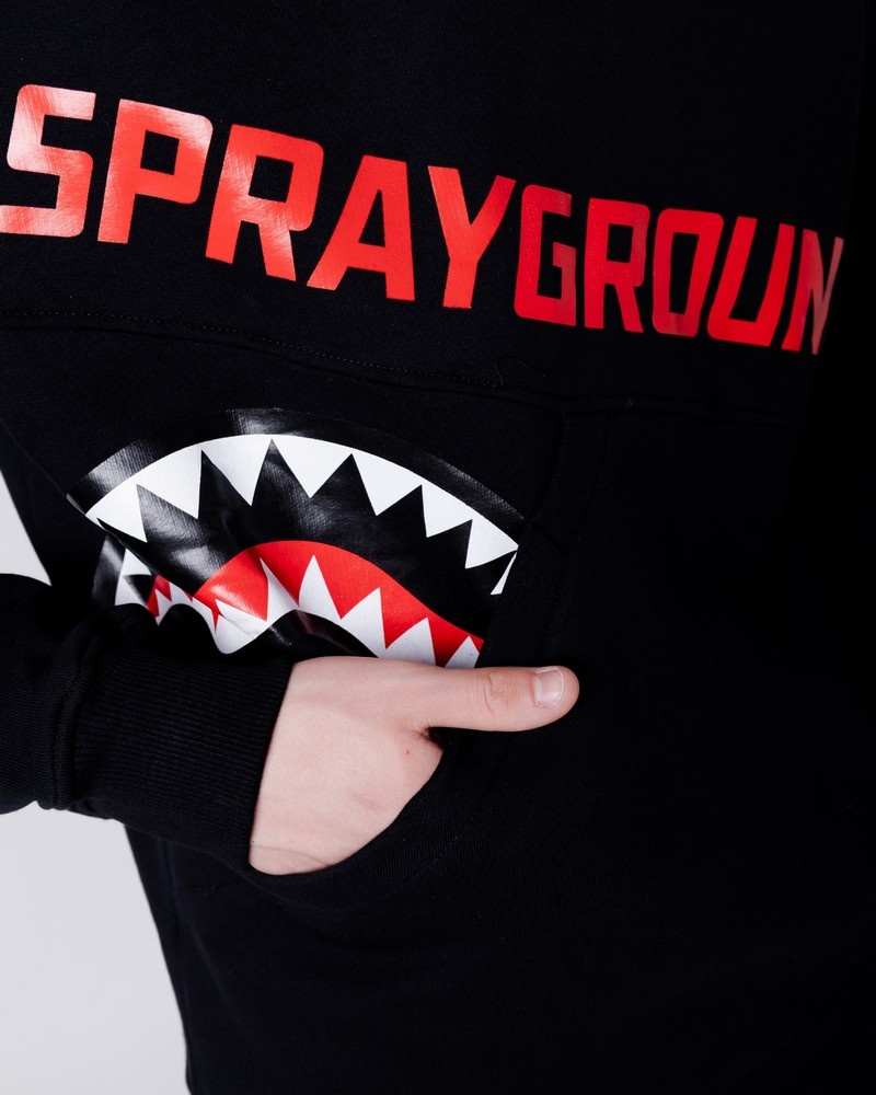 Black Sprayground Shark Diagonal Pocket Crewneck Men's Sweatshirts | 573351975