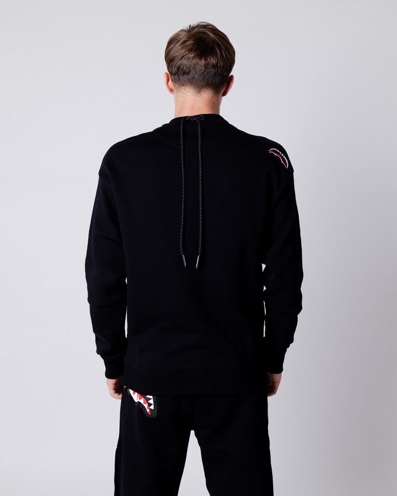 Black Sprayground Shark Diagonal Pocket Crewneck Men's Sweatshirts | 573351975