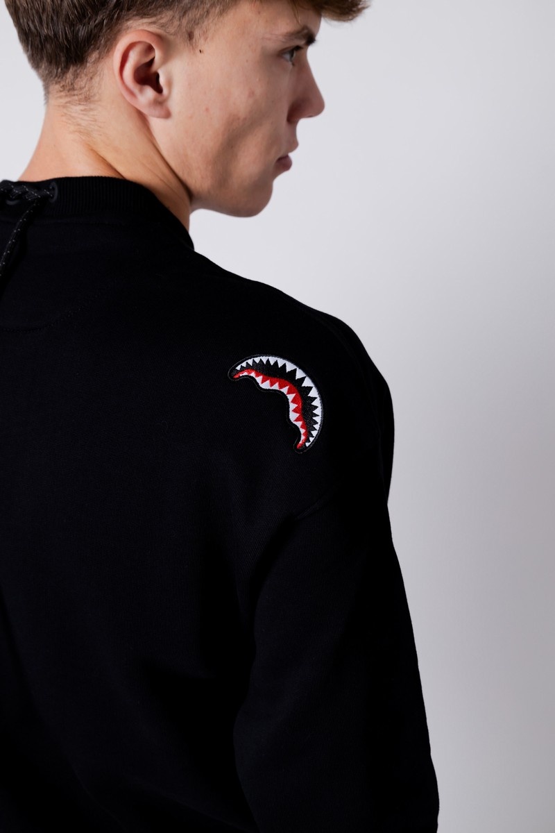 Black Sprayground Shark Diagonal Pocket Crewneck Men's Sweatshirts | 573351975