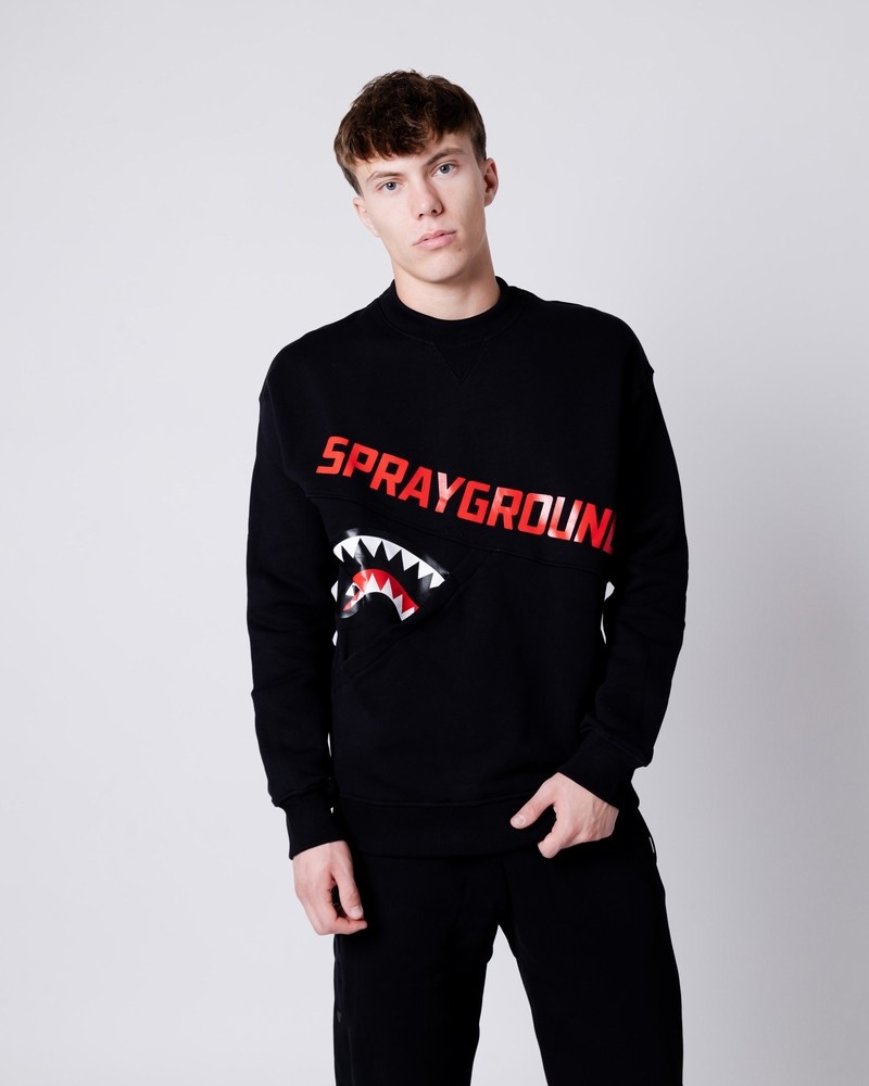 Black Sprayground Shark Diagonal Pocket Crewneck Men\'s Sweatshirts | 573351975