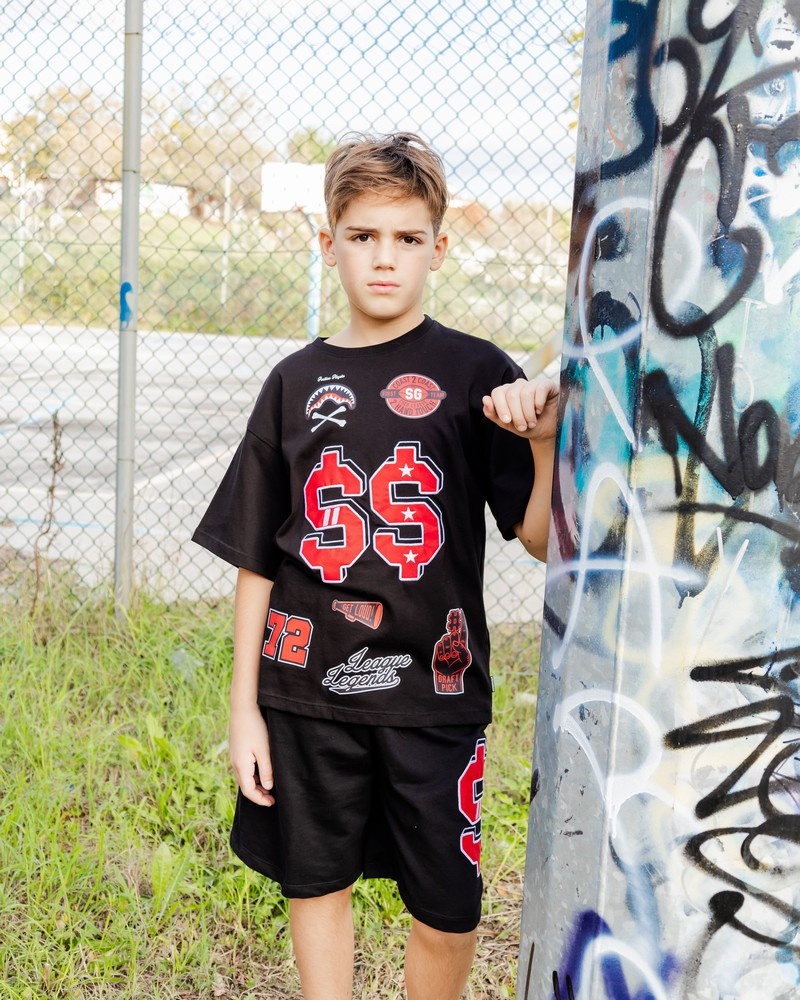 Black Sprayground Varsity Moneyout Over Kids\' T Shirts | 513321331