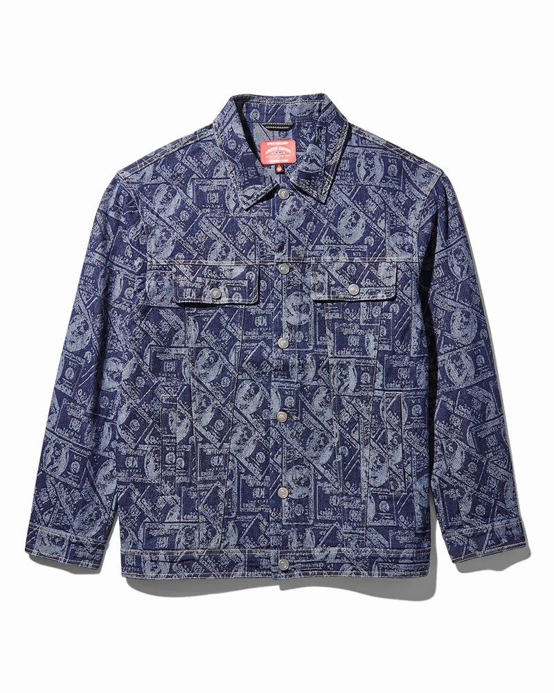 Blue Sprayground Printed Button Front Denim Men\'s Jackets | 887188222