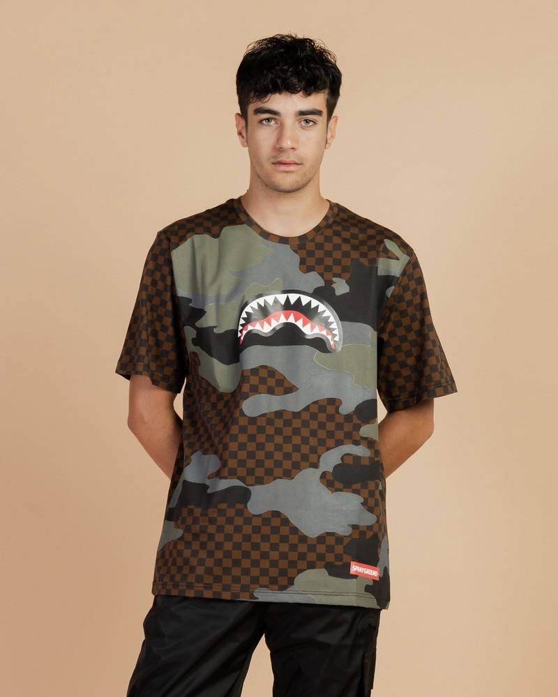 Brown Sprayground Camu E Quadri Men\'s T Shirts | 49560207