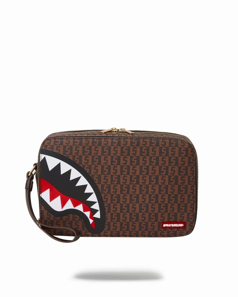 Brown Sprayground Cashin Checks Men\'s Toiletry Bags | 127314267