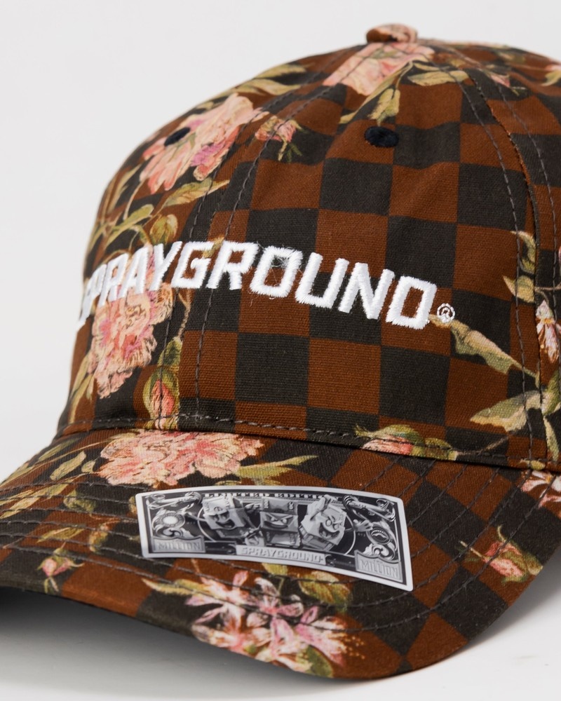 Brown Sprayground Check Flower Men's Caps | 193309964