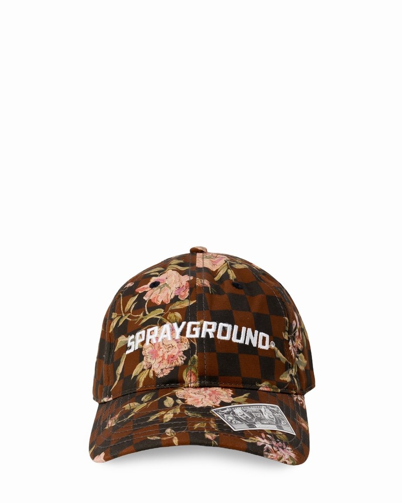 Brown Sprayground Check Flower Men\'s Caps | 193309964