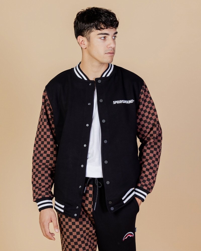 Brown Sprayground Checkered Varsity Men\'s Jackets | 226063489