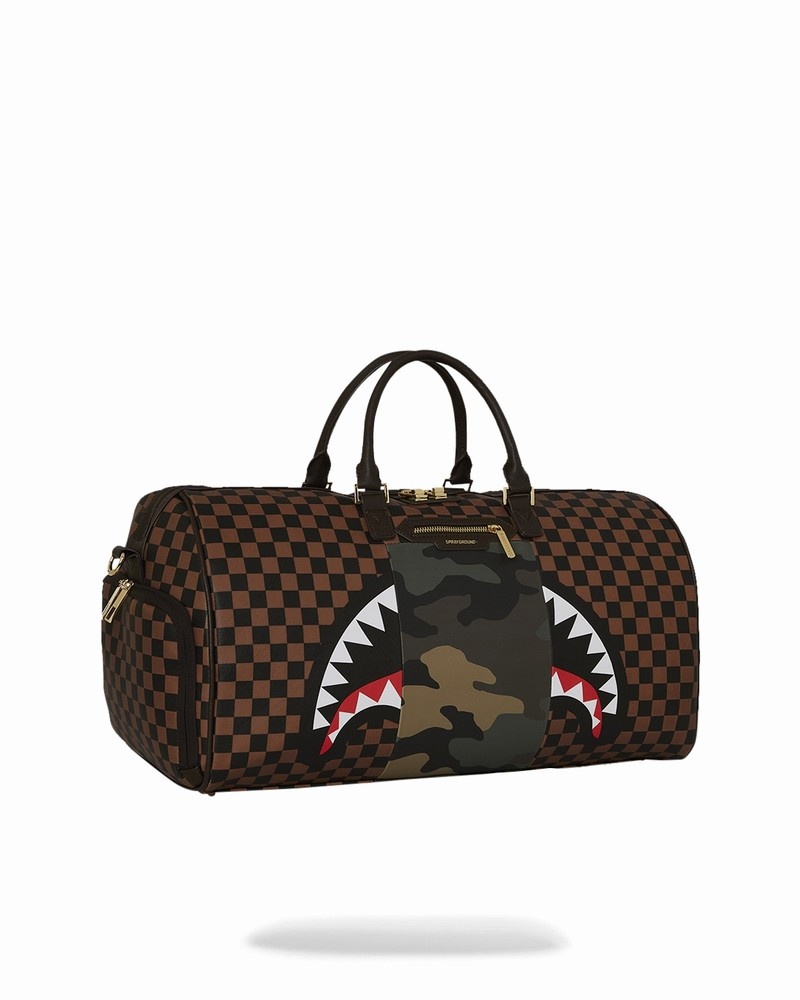 Brown Sprayground Exterior Gold Zip Pocket Sharks In Paris Men's Duffle Bags | 550421639